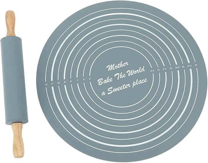 Large Silicone Rolling Pin Pastry Baking Mat Set for Kitchen (Grey)