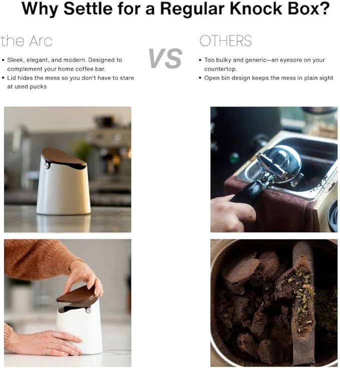 Crema Coffee Products Arc Knock Box | Holds 12–16 Espresso Pucks| Durable,Stain-ResistantBuild withNon-Slip Base|Elegant WalnutPlastic Lid Design| EasyClean-Up &Moisture Control|WhitePlasticLid Finish