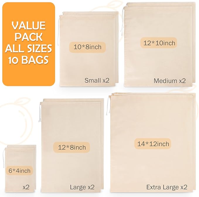 10 Pack Nut Milk Bag, Multi-size Fine Mesh Grade Reusable Cheesecloth Bags Strainers, Unbleached Organic Cotton Filter Bags for Almond Milk, Juices, ColdBrew, Cheese, Tea, Yogurt, Coffee