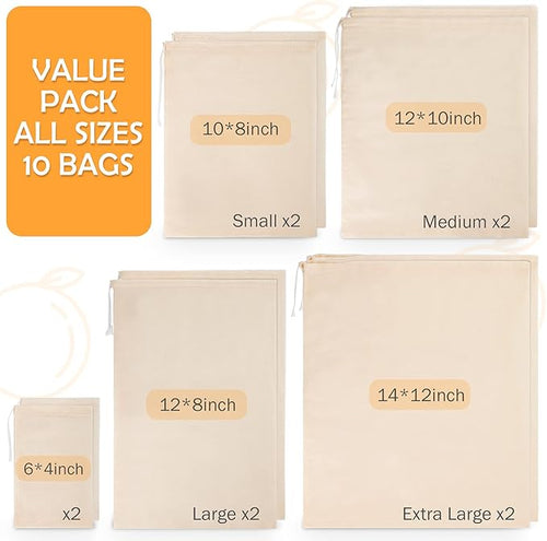 10 Pack Nut Milk Bag, Multi-size Fine Mesh Grade Reusable Cheesecloth Bags Strainers, Unbleached Organic Cotton Filter Bags for Almond Milk, Juices, ColdBrew, Cheese, Tea, Yogurt, Coffee