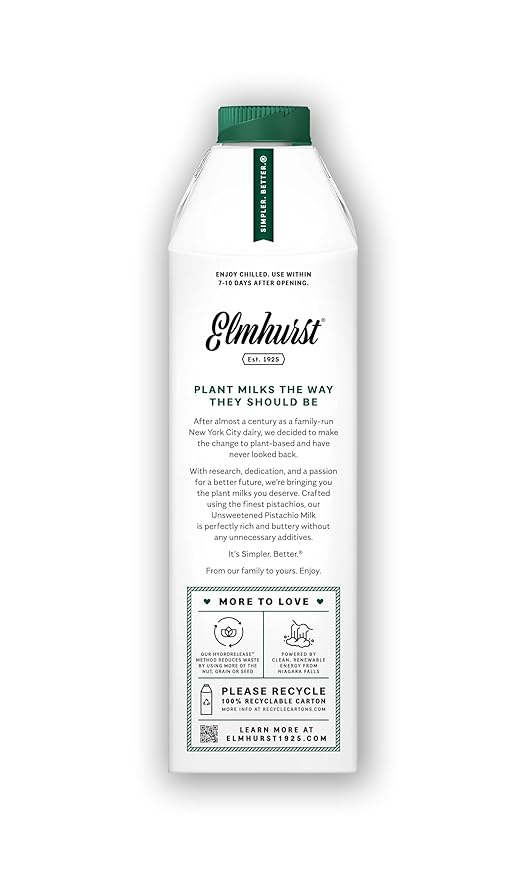 Elmhurst 1925 Pistachio Milk Unsweetened - 32 Ounce (Pack of 6) Dairy-Free, Gluten-Free, Vegan, Kosher, Shelf Stable Milk Made with Water & Pistachios for Healthier, Simpler Plant-Based Alternatives