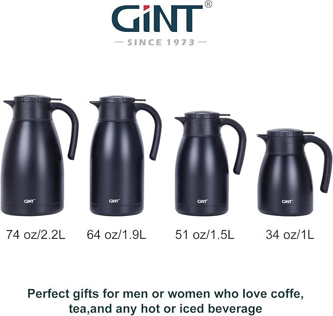 GiNT 2.2L / 74Oz Thermal Coffee Carafe, Insulated Stainless Steel Coffee Carafes for Keeping Hot/Double Walled Vacuum Thermal Carafe (Black)