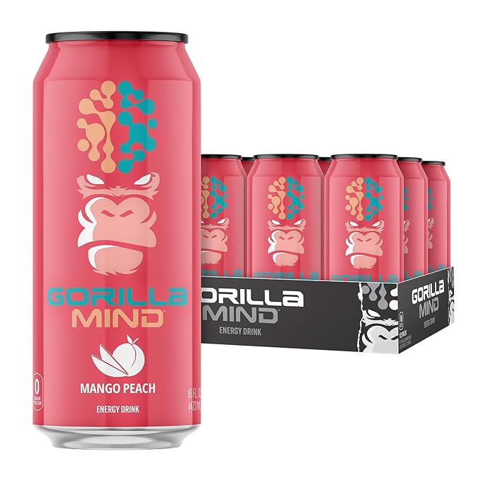 Gorilla Mind Energy Drink | Unmatched Energy · Amplified Focus | N-Acetyl-L-Tyrosine, Alpha-GPC, 200mg Caffeine, Uridine, Saffron | 0 Sugar Or Artificial Colors | 16oz, 12-Pack (Mango Peach)
