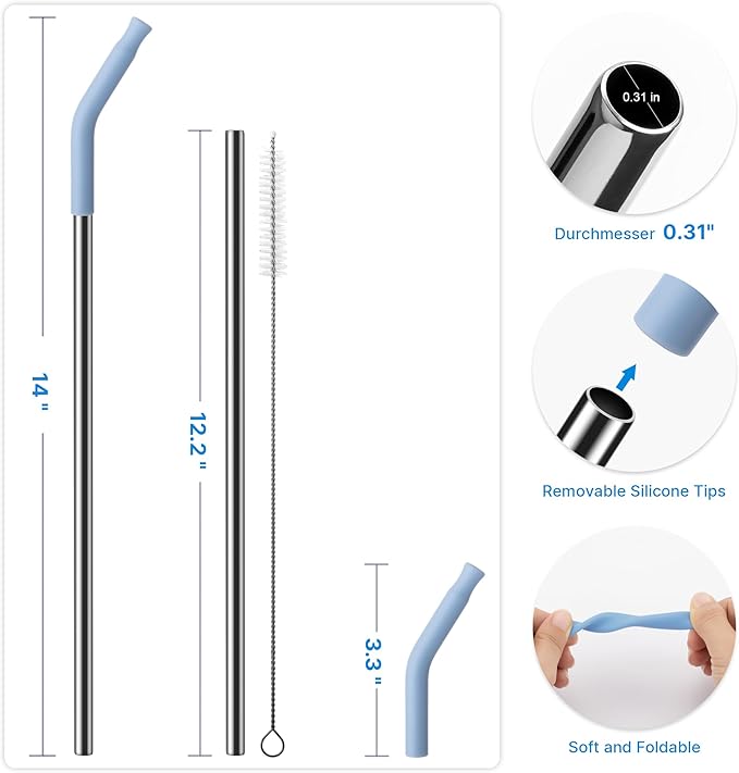 2 Pcs Stainless Steel Straws for 40 oz Stanley Tumbler, Replacement 40 oz Stanley Cup Straw Accessories with Silicone Tips and Cleaning Brush (Light Blue)