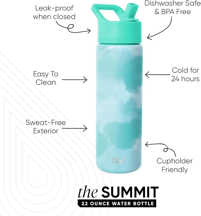 Simple Modern Summit Water Bottle with Straw Lid | Vacuum Insulated Stainless Steel | Leak Proof BPA-Free Cup for Travel, School, Sports | 22oz, Ocean Tide