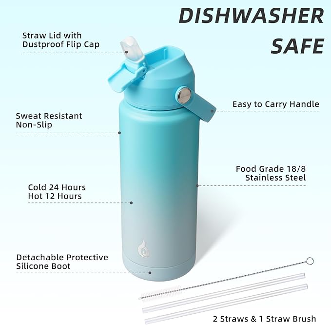 BJPKPK Water Bottle with Straw Lid, 24oz Vacuum Insulated Water Bottles, Metal Stainless Steel Thermos for Sports, Travel, BPA Free Leak Proof Thermos, Cups, Flasks, Tumblers,Sea Salt