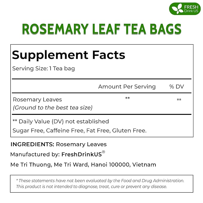 FreshDrinkUS, Premium 75 Rosemary Leaf Tea Bags, 100% Natural and Pure Rosemary Dried Leaves, Pure Herbal Tea, No Additives, No Caffeine, No Gluten, Vegan.