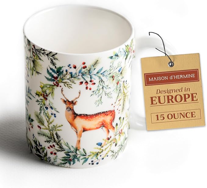 Maison d' Hermine Coffee Mug with Handles Fine Bone China Mugs Pack of One Tea Cups for Hot Beverages Cappuccino Latte Home Restaurant Office Perfect for Gift (Holly Time - Biche, 15 Ounce)