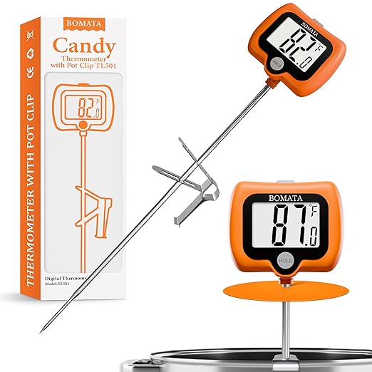 BOMATA Candy Thermometer with Pot Clip, Instant Read Cooking Thermometer with 8" Long Probe, Rotating Display, for Candy Making, Food, Candle Making, Liquids, Water, Baking, Sugar, Grilling. Orange