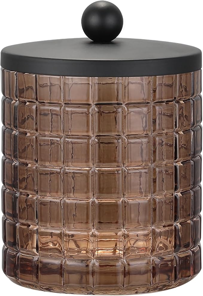 Glass Jar with Metal Lid for Bathroom Organization, Clear Apothecary Jar for Cotton Balls, Q Tips, and Small Accessories, Stylish Bathroom Storage Container Amber, Black