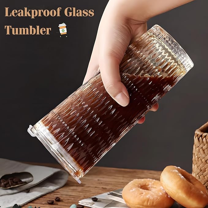 2 Pack Glass Tumblers with Lids and Straws 18oz: Leak-Proof Drinking Glasses with Airtight Lid, Stylish Water Ripple Design, Reusable Glass Iced Coffee Cups for Cold Drinks, Car Holder Fit