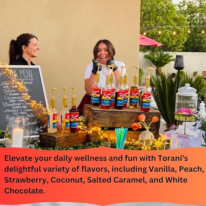 Original Bestsellers Syrup Variety 6-Pack - Vanilla, Peach, Strawberry, Coconut, Salted Caramel & White Chocolate - Coffee & Italian Soda Flavor Syrup with 6 Jimoco Dispenser Pumps