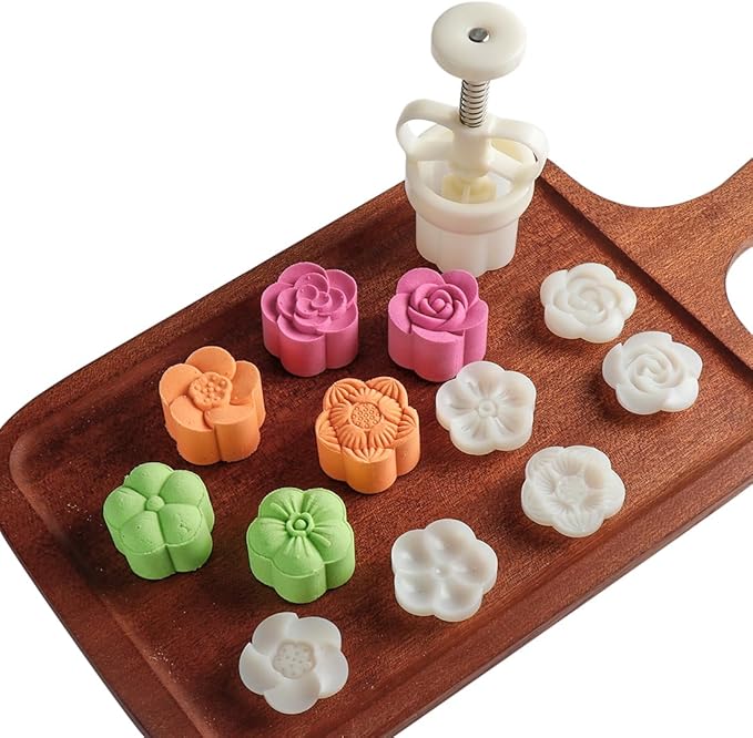 Moon Cake Mold Chinese Mid-autumn Festival Cookie Stamp Set, Thickness Adjustable 50g 6 Stamps Mooncake Shortbread Press DIY Decoration Hand Cutter Cake Polvoron Mold