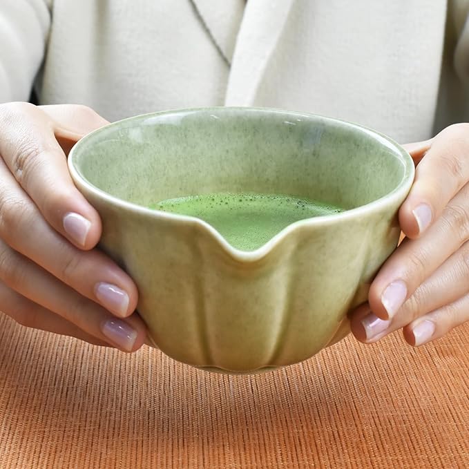 Artcome 4 Pcs Japanese Matcha Tea Set - Matcha Bowl with Pouring Spout, Matcha Whisk, Tea Scoop, Whisk Holder, Handmade Matcha Ceremony Kit For Japanese Tea Ceremony, Mottled Green