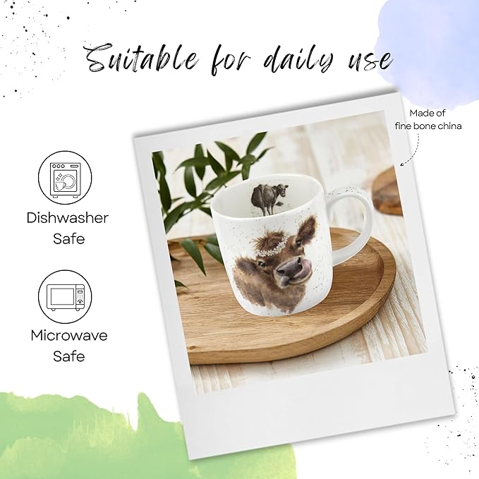 Royal Worcester Wrendale Designs 14 oz Mug, Daisy Chain with Cow Illustration - Floral Animal Mug for Cottagecore Kitchens - Microwave, Dishwasher, Freezer Safe Fine Bone China Drinkware