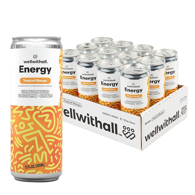 WellWithAll Tropical Mango Energy Drink – Caffeine from Tea – With Vitamin C – Lightly Sparkling Beverage – Fruit & Veggie Juice Blend – 12 Oz (Pack of 12)