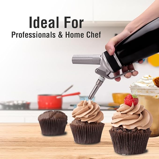 Whipped Cream Dispenser,Aluminum 500ml Whipped Cream Maker,3 Decorating Nozzles,1 Brush,1 Storage Bag,withou N2O Charger,Black