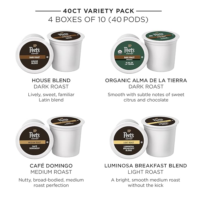 Peet's Coffee, Single Serve Coffee Pods Variety Pack - Luminosa Breakfast Blend, Café Domingo, Organic Alma De La Tierra, House Blend, 40 Count (4 Boxes of 10 Pods)