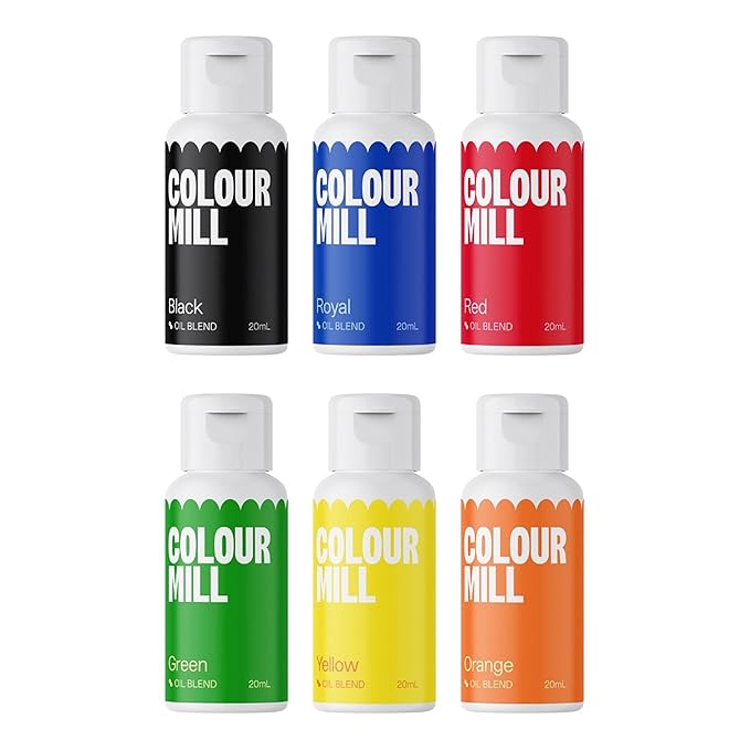 Colour Mill Oil-Based Primary Food Coloring, 20 Milliliters Each of 6 Colors: Black, Royal, Red, Green, Yellow and Orange