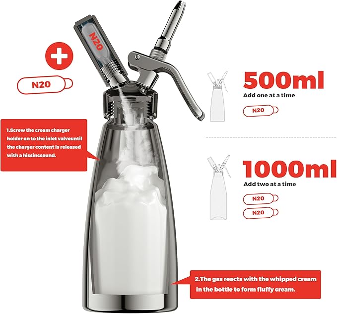 Professional Aluminum Whipped Cream Dispenser - 1000 mL/2 Pint,Whipped Cream Maker Canister with 5 Decorating Nozzles & Cleaning Brush - Need To Use N2O Chargers (Not Included) (Black, 1000ml)