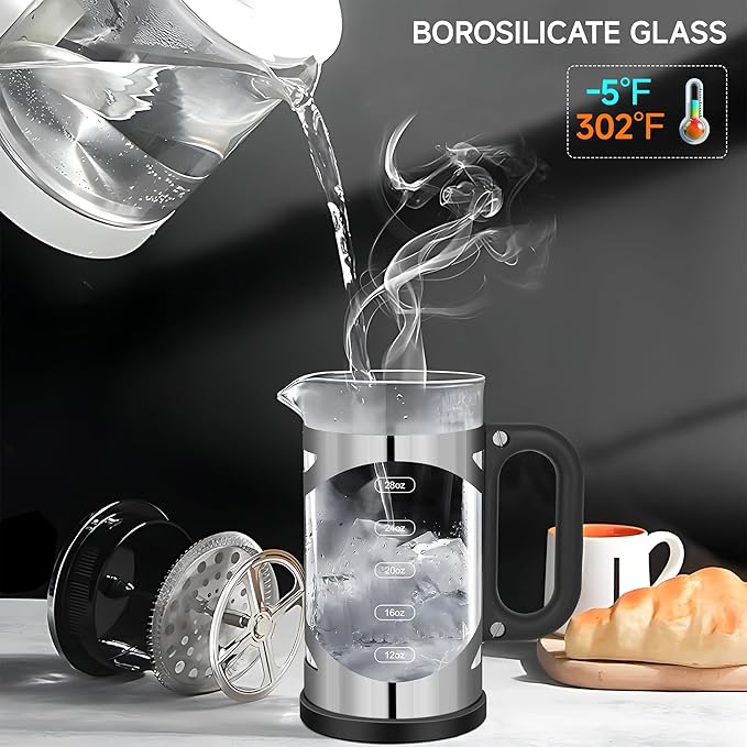 34 Ounce French Press Coffee Maker Chromium Stainless Steel Coffee Press, with 4-Level Filter System, Heat Resistant Thickness Borosilicate Glass, BPA-Free Brewed Coffee Pot for Camping Gifts