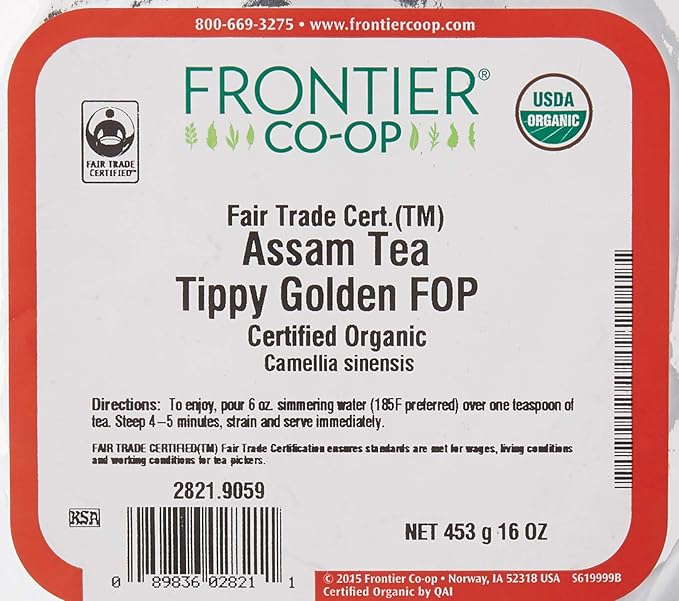 Frontier Herb Organic Assam Tea Tippy Golden FOP Certified Fair Trade, Non Irradiated, Non GMO, 16 Ounce (Pack Of 1)