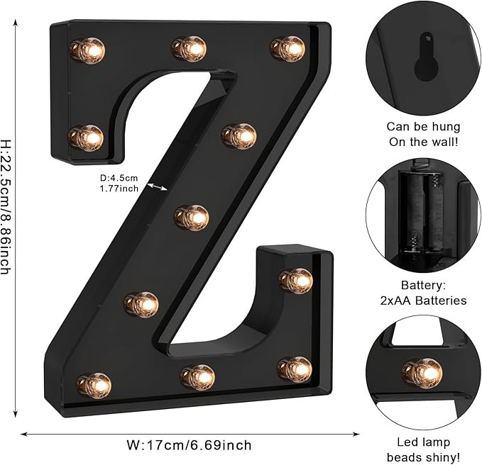 Foaky Black LED Letter Lights for Room Decor - Bedroom Wall Decor, Alphabet Lights for Home, Wedding, Party - Battery Operated （Z）