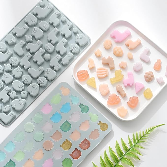 Animals & Flowers Silicone Candy molds, Non-Stick Gummy Bear Chocolate Gelatin Tray with 2 Droppers Creates 260 Alpaca, Clover, Animals, Rainbow & Cloud, Pack of 4