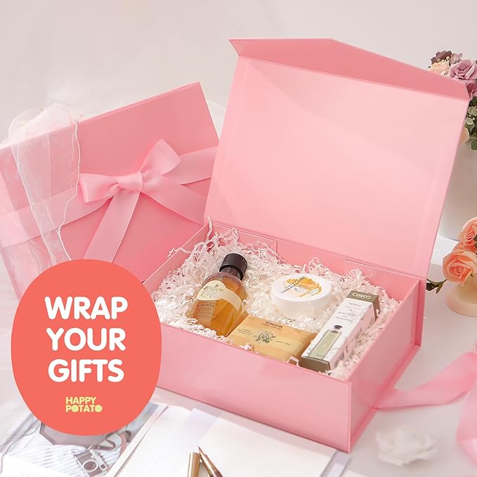 HAPPY POTATO Large Gift Box with Lid and Ribbon 11.5x8.1x3.8 Inches, Bridesmaid Proposal Box, Magnetic Pink Gift Box for Presents (Glossy Pink)