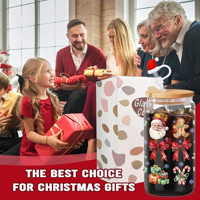 Santa Claus Glass, 16 Oz Winter Iced Coffee Glass with Straw and Lid, Perfect for Christmas and Holiday Celebration Decorations (One)