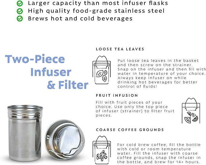 London Sip 25 oz Multi-Function Travel Mug and Tumbler Tea Infuser Water Bottle Fruit Infuser Flask Hot and Cold Double Wall Stainless Steel Coffee Thermos, Cosmic Silver, Pack of 2