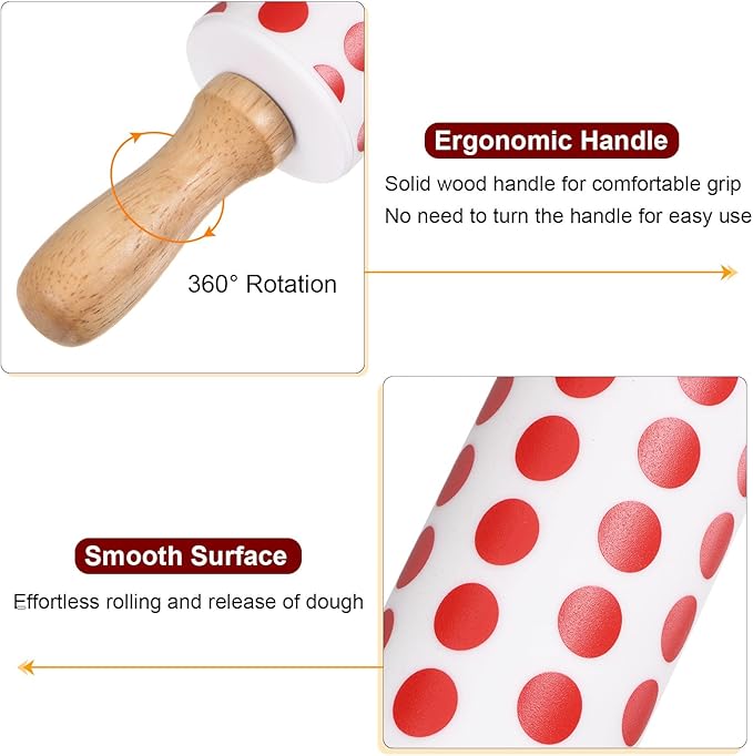 HARFINGTON Silicone Rolling Pins for Baking 9 Inch Wooden Handle Non Stick Rolling Pin Small Roller Playdough Rolling Pins for Dough Pizza Pastry Fondant Kitchen, Red White