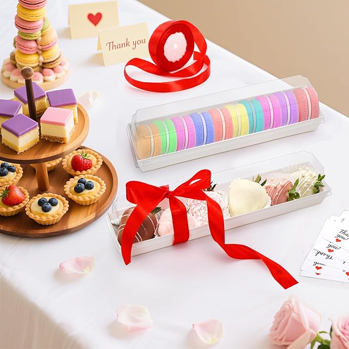 Dicunoy 50 Pack Strawberry Boxes with Clear Lids, 11" Macaron Box with Ribbon and Stickers, Chocolate Covered Strawberries Package Boxes for Cookies, Cocoa Bomb, Truffles, Valentine's Day, Christmas