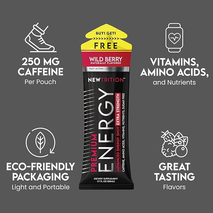 NewTrition® Extra Strength Energy Shots, 250mg Caffeine Energy Shots with Vitamin B & Amino Acids, Sugar-Free Vitamin Energy Shot, 1.7 fl oz (Pack of 12, 4 Flavors-Mixed-1)