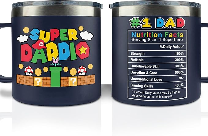 Gossby 14oz Super Daddio Travel Coffee Mug Tumbler - No. 1 Dad Nutrition Facts - Christmas, Fathers Day, Birthday Gift for Dad from Daughter Son Kid - Insulated Stainless Steel Cup with Handle