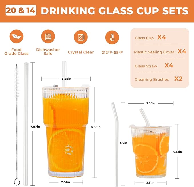 4 Pack 14&20 Oz Glass Cups with Lids and Straws Iced Coffee Cups Vintage Ribbed Glassware for Beer Ice Coffee Fruit Juice Elegant Aesthetic Cup Glass Iced Coffee Tumbler Include 2 Cleaning Brushes