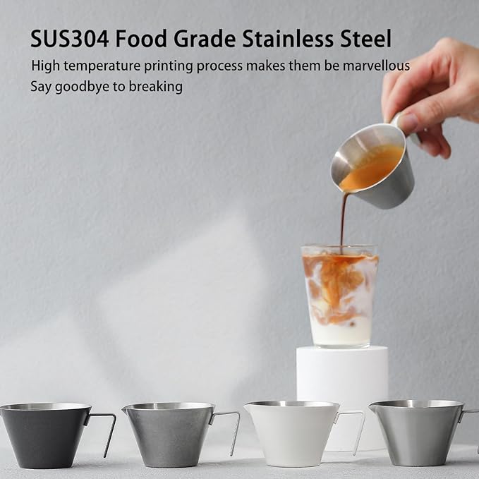 MHW-3BOMBER Espresso Shot Cups with Handle Espresso Measuring Cup Dishwasher Safe 4Pcs Stainless Steel Pouring Cup for Tomato Sauce|Steak Sauce|Dessert|Beverage (Matte Glossy) G7000-OS