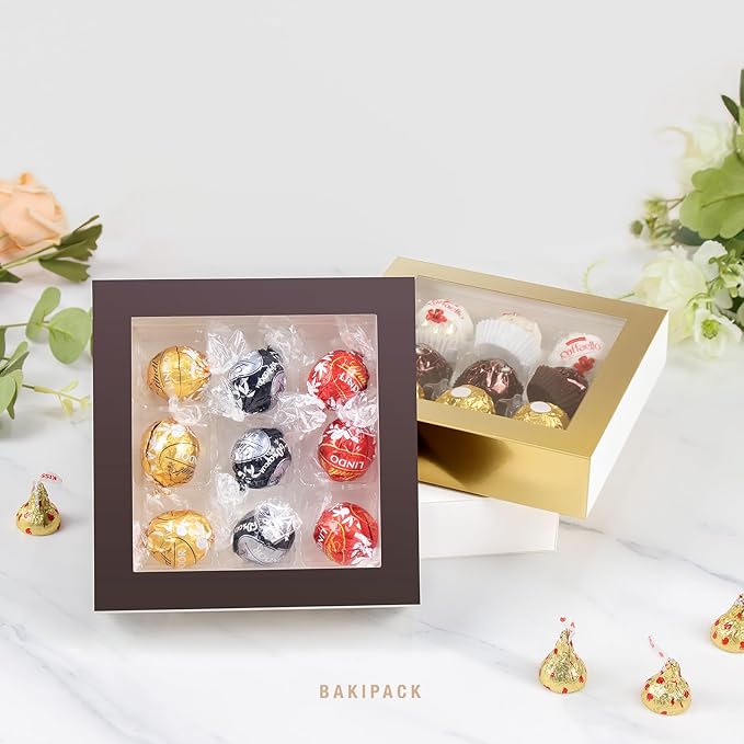 BAKIPACK 12 Truffle Boxes, Chocolates Box, Dark Brown Truffle Gift Packaging with 9-Piece Plastics Tray