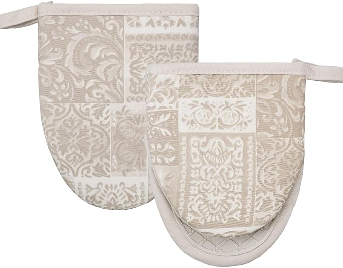 Mini Silicone Oven Mitts, Heat and Slip Resistant Kitchen Mittens 2-Pack Set, Khaki Patchwork Flower Soft Short Oven Gloves, Flexible Thick Pot Holders for Safe Cooking Baking & Grill (Khaki)