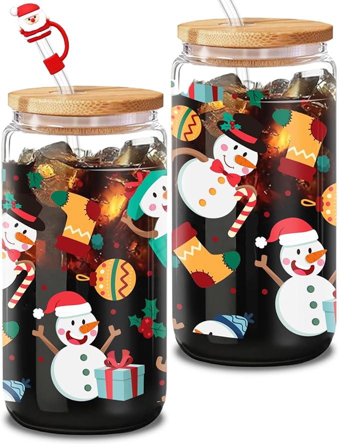 Christmas Snowman Glass, 16 Oz Winter Iced Coffee Glass with Straw and Lid, Winter Snowman Themed Perfect for Christmas and Holiday Celebration Decorations (One)