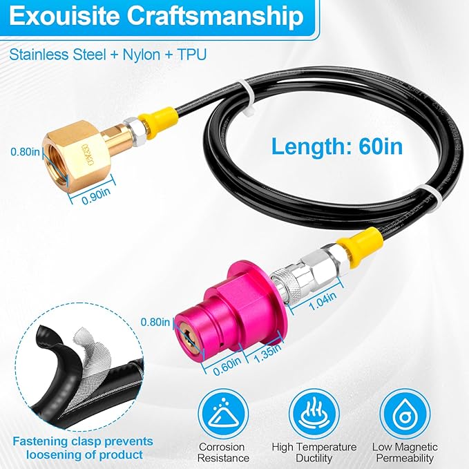 Soda Machine CO2 Refill Adapter with Quick Connector Hose - for Terra DUO Art Gaia Series Soda Maker Pink CO2 Gas Refill Replace Accessories & CO2 Cylinder Tank CGA320 Threaded Adapter (60inch)