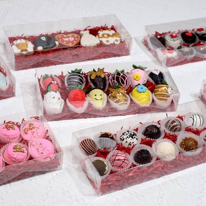 RomanticBaking 50PCS 12x5x2 Inches Clear Cookie Boxes Strawberry & Macaron Gift Boxes for Party Favors