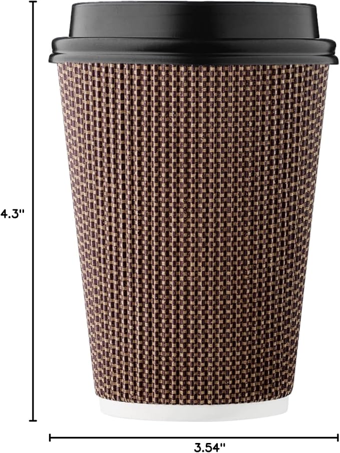 [100 SET]Harvest Pack 12 oz Disposable Coffee Cups, Insulated Ripple Double-Walled Paper Cups with Lids, Brown Geometric, Leak-Proof Drinking Cups for Tea Hot Chocolate Drinks To go coffee cups