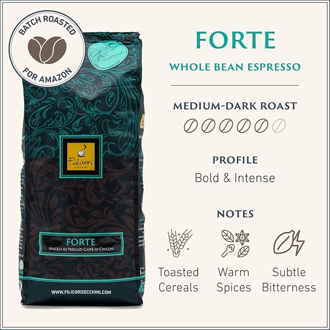 Filicori Zecchini Italian Espresso Beans – Whole Bean Coffee, Bold Dark Roast Arabica & Robusta Blend Roasted in Bologna – Slow Roasted Forte 340g