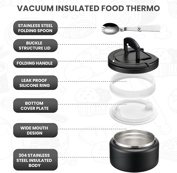 Soup Thermo for Hot Food Kids 13.5oz Lunch Containers with Buckle Lid Wide Mouth Hot Food Jar Vacuum Insulated Stainless Steel Bento Box Leakproof with Spoon(Black)