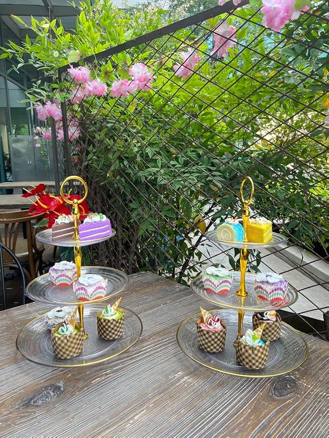 2 Pack of Dessert Cupcake Stand with Gold Trim, 3 Tier Cup Cake Holder Tower for Tea Party, Birthday, Wedding, Plastic Tiered Serving Tray, Clear