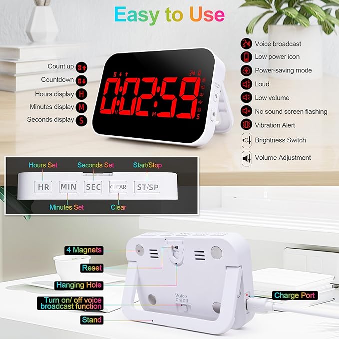 Digital Kitchen Timer - Magnetic Countdown Countup Timer with Large LED Display Volume Adjustable with Sound Alert Function Easy for Cooking and for Seniors and Kids to Use-Red