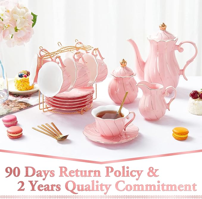 DUJUST 22 pcs Porcelain Tea Set for 6, Luxury British Style Tea/Coffee Cup Set with Golden Trim, Beautiful Tea Set for Women, Tea Party Set, Gift Package (With a Stand) - Pink