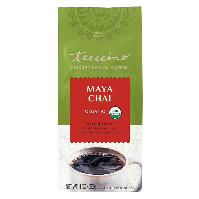 Teeccino Maya Chai Chicory Coffee Alternative - Ground Herbal Coffee That’s Prebiotic, Caffeine-Free & Acid Free, Medium Roast, 11 Ounce