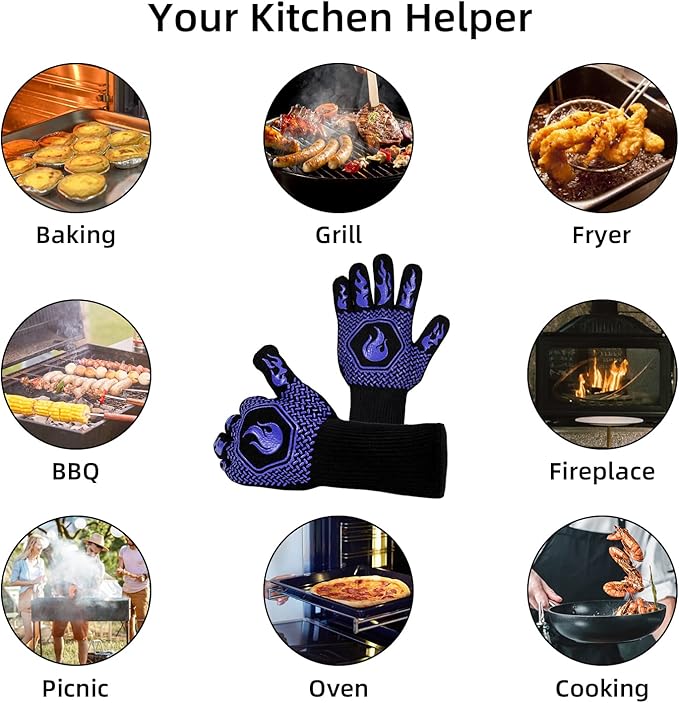 BBQ Fireproof Gloves, Grill Cut-Resistant Gloves 1472°F Heat Resistant Gloves, Non-Slip Silicone Oven Gloves, Kitchen Safe Cooking Gloves for Oven Mitts,Barbecue,Cooking, Frying,13.5 Inch-Blue